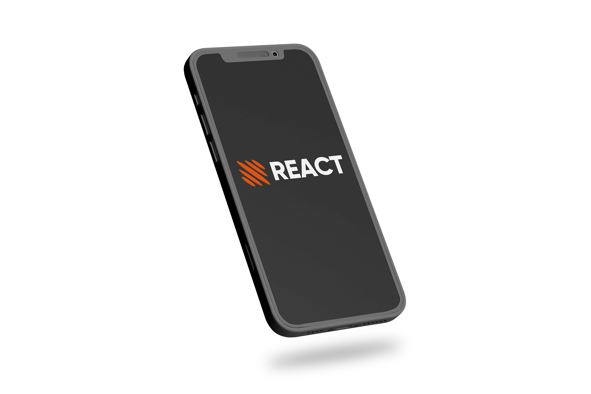 Dunkles 3D-Smartphone-Mockup auf schwarzem Hintergrund mit weißem REACT-Schriftzug und orangefarbenem Logo.